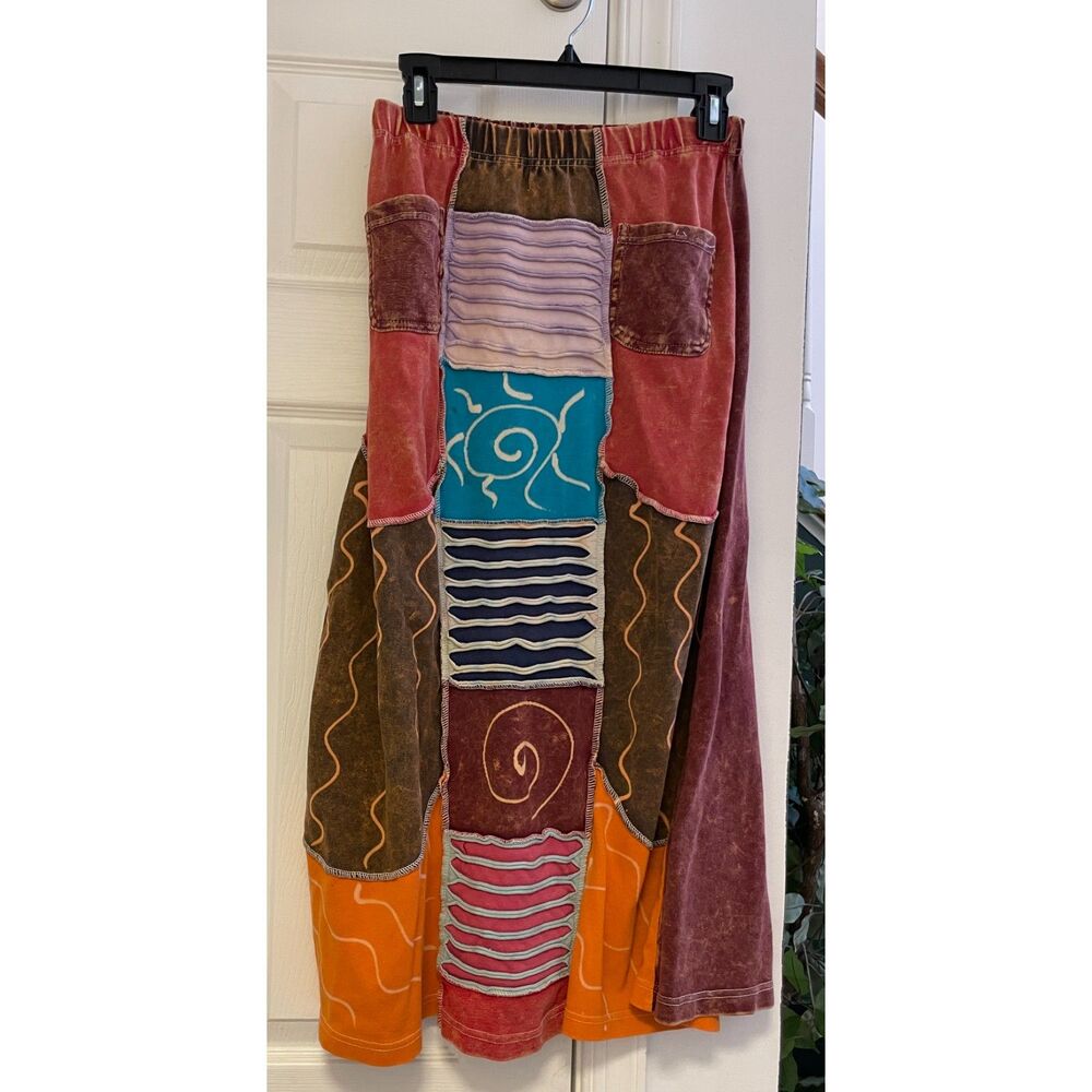 Vintage Patchwork Skirt Boho Festival Art Skirt Earth Tone Sun Print